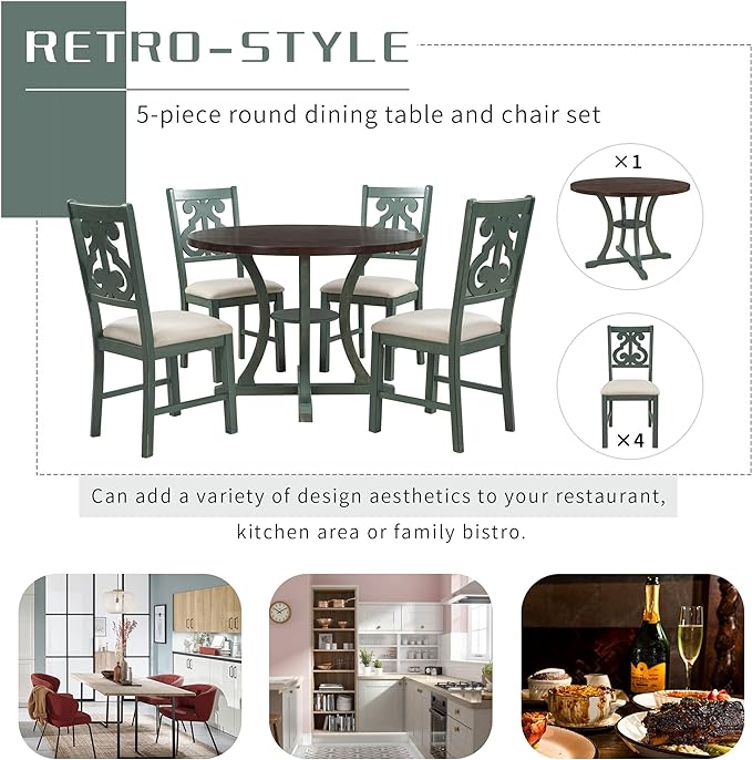 NicBex Dining Room Table Set for 4 Dining Table with Chairs 5-Piece Round Dining Table and 4 Fabric Chairs with Special-Shaped Table Legs and Storage Shelf, Antique Blue - LeafyLoom