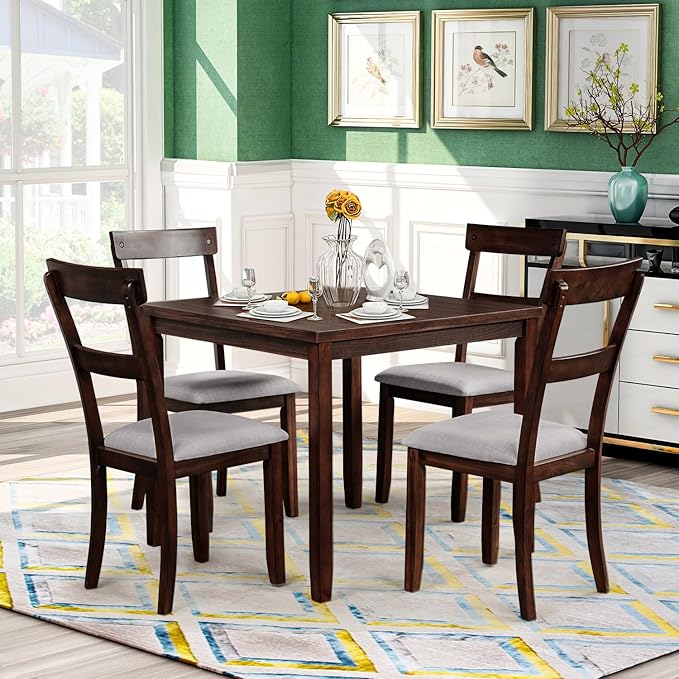5 Piece Industrial Dinette Sets Wooden Kitchen Dining Table and 4 Matching Upholstered Chairs, for Diningroom Living Room, Easy to Assemble, Espresso 1 - LeafyLoom