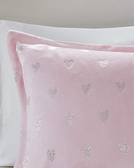 Mi Zone Rosalie Comforter Set for Girls, Ultra-Soft Microlight Plush Metallic Printed Hearts Brushed Reverse Overfilled Down Alternative Hypoallergenic All Season, Twin/Twin XL, Pink/Silver, 3 Piece - LeafyLoom