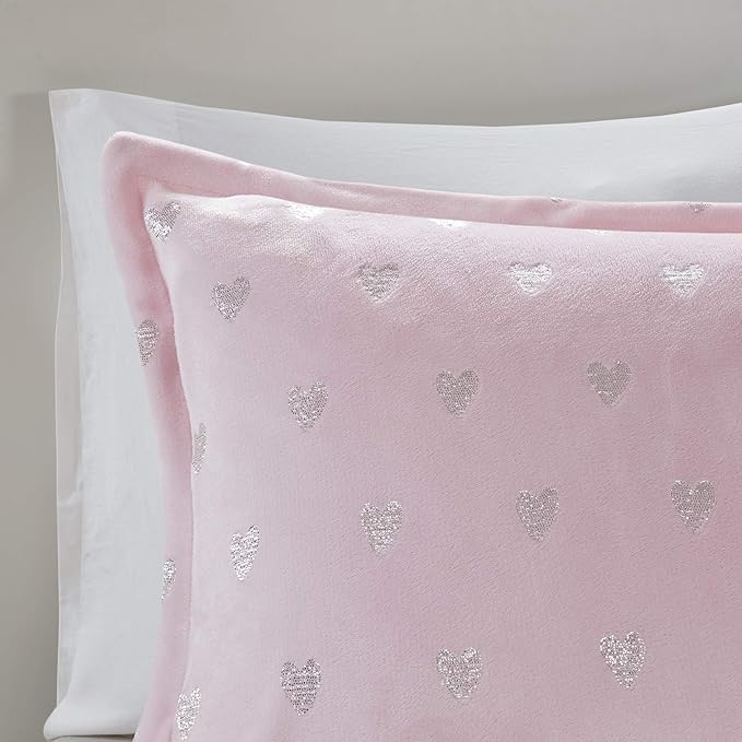 Mi Zone Rosalie Comforter Set for Girls, Ultra-Soft Microlight Plush Metallic Printed Hearts Brushed Reverse Overfilled Down Alternative Hypoallergenic All Season, Twin/Twin XL, Pink/Silver, 3 Piece - LeafyLoom