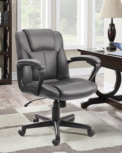 Executive Office Chair Mid Back Swivel Computer Task, Ergonomic Leather-Padded Desk Seats with Lumbar Support,Armrests, Gray - LeafyLoom