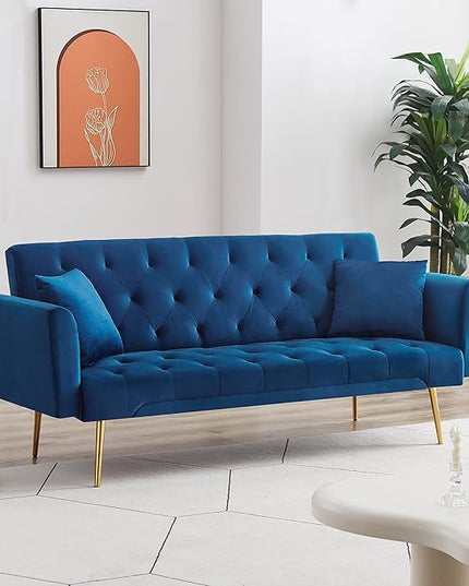 Convertible Folding Futon Sofa Bed Sleeper Lounge Couch,Small Velvet Upholstered Recliner Loveseat Daybed with Adjustable Backrest and Golden Metal Legs Space-Saving Sofabed for Living Room Office - LeafyLoom