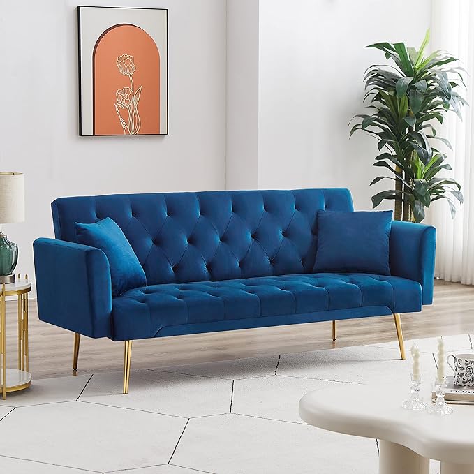 Convertible Folding Futon Sofa Bed Sleeper Lounge Couch,Small Velvet Upholstered Recliner Loveseat Daybed with Adjustable Backrest and Golden Metal Legs Space-Saving Sofabed for Living Room Office - LeafyLoom