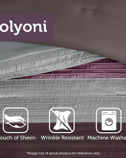 Madison Park Amherst Faux Silk Comforter Set-Casual Contemporary Design All Season Down Alternative Bedding, Matching Shams, Bedskirt, Decorative Pillows, Queen (90 in x 90 in), Purple, 7 Piece - LeafyLoom