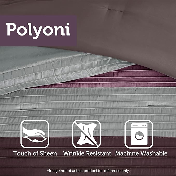 Madison Park Amherst Faux Silk Comforter Set-Casual Contemporary Design All Season Down Alternative Bedding, Matching Shams, Bedskirt, Decorative Pillows, Queen (90 in x 90 in), Purple, 7 Piece - LeafyLoom