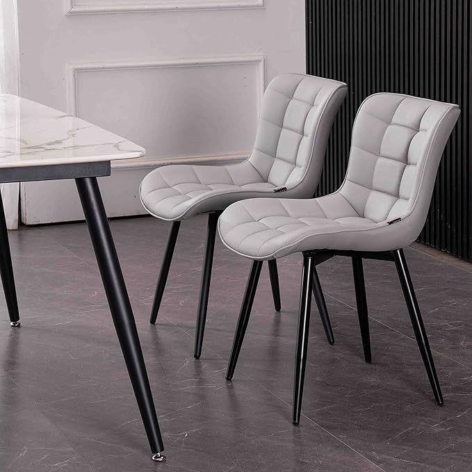 YOUTASTE Grey Dining Chairs Set of 2 PU Leather Upholstered Modern Armless Dining Room Chair with Back Metal Kitchen Dinner Accent Guest Chairs for Vanity Reception Waiting Room - LeafyLoom