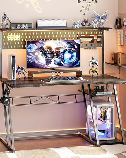 armocity Gaming Computer Desk with Storage Shelves & Z-Shaped Legs, Gaming Desk with Hutch and LED Lights, Reversible PC Gaming Desk with Pegboard for Bedroom & Small Spaces, 47'', Grey Oak - LeafyLoom