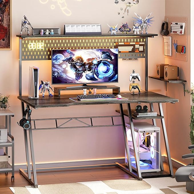 armocity Gaming Computer Desk with Storage Shelves & Z-Shaped Legs, Gaming Desk with Hutch and LED Lights, Reversible PC Gaming Desk with Pegboard for Bedroom & Small Spaces, 47'', Grey Oak - LeafyLoom