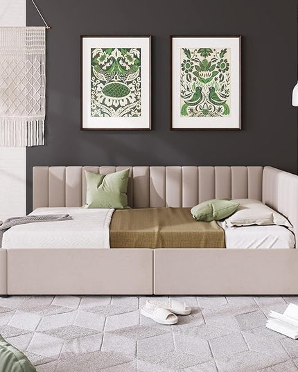 Twin Size Upholstered Daybed with 2 Storage Drawers,Solid Wood Sofa Bed Frame W/Linen Fabric Backrest,No Box Spring Needed,for Living Room Bedroom Apartment Beige - LeafyLoom