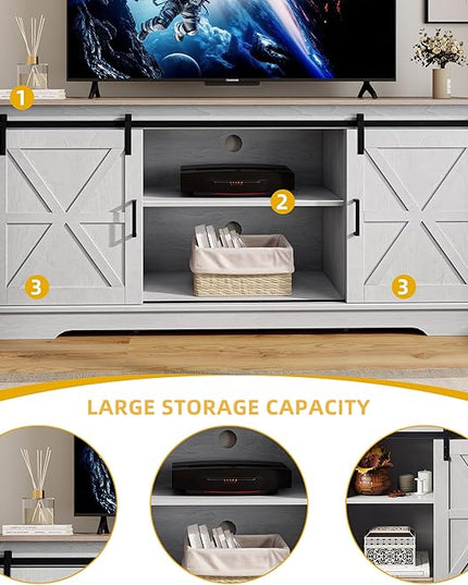 DWVO TV Cabinet for 65 Inch TV, Farmhouse TV Stand with Storage Cabinets and Sliding Barn Doors, Mid Century Modern Entertainment Center Media TV Console for Living Room, Grey White/Grey Wash - LeafyLoom