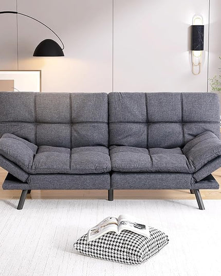 Futon Sofa Bed, Memory Foam Futon Sleeper Sofa Loveseat Convertible Couch Bed for Small Compact Living Spaces,Apartment,Grey Linen Fabric - LeafyLoom