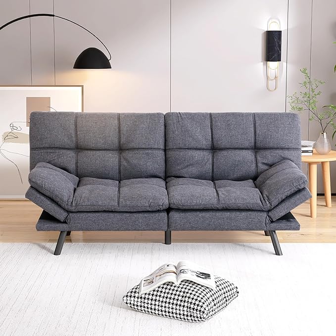 Futon Sofa Bed, Memory Foam Futon Sleeper Sofa Loveseat Convertible Couch Bed for Small Compact Living Spaces,Apartment,Grey Linen Fabric - LeafyLoom