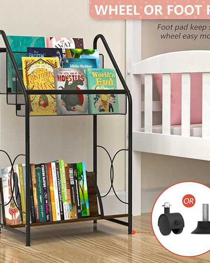 Bookshelf, 4-Tier Metal & Wood Rolling Book Cart on Wheels, Record Cabinet for Book Magazine Turntable, Record Holder Up to 100 Albums, Multifunction Utility Cart, Black - LeafyLoom
