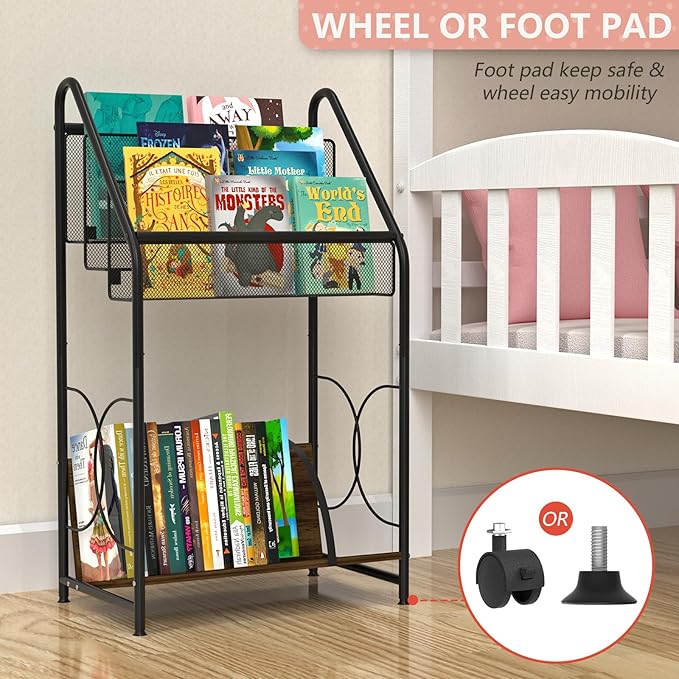 Bookshelf, 4-Tier Metal & Wood Rolling Book Cart on Wheels, Record Cabinet for Book Magazine Turntable, Record Holder Up to 100 Albums, Multifunction Utility Cart, Black - LeafyLoom