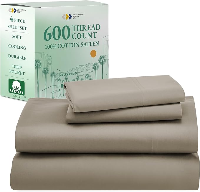 California Design Den California King Sheet Set - 100% Cotton, 600 Thread Count Deep Pocket Cal King Sheet Set, Luxury Soft Hotel-Quality Sheets with Sateen Weave - Taupe - LeafyLoom