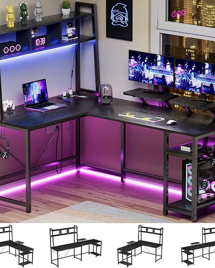 L-Shaped Gaming Desk with Hutch, Monitor Stands, Storage Shelves, LED Lights & Power Outlets - 94.5 inch Reversible Black Corner Computer Desk for Home Office - LeafyLoom