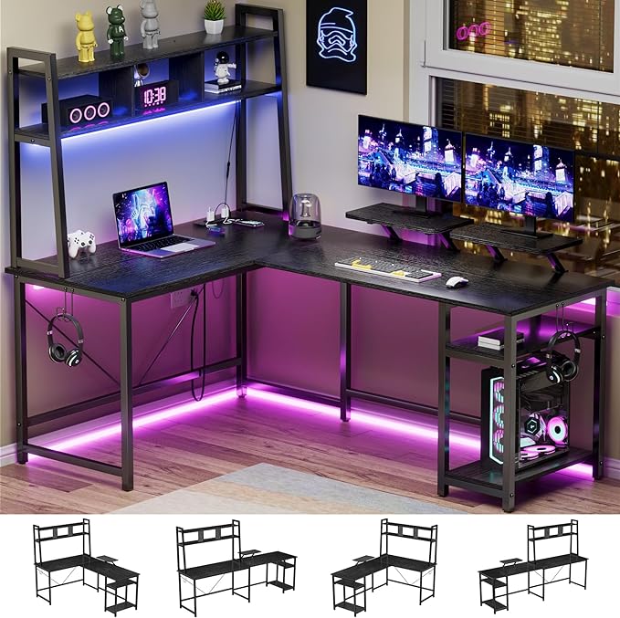 L-Shaped Gaming Desk with Hutch, Monitor Stands, Storage Shelves, LED Lights & Power Outlets - 94.5 inch Reversible Black Corner Computer Desk for Home Office - LeafyLoom