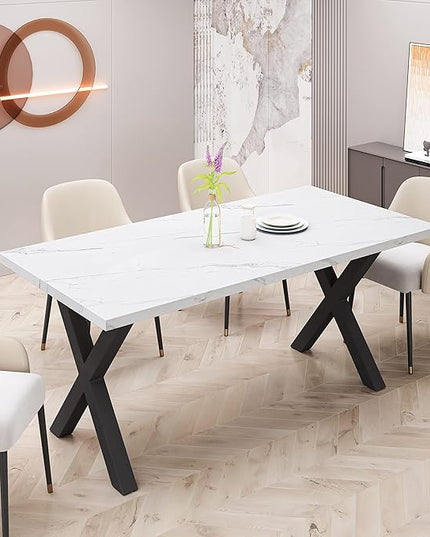 NicBex Dining Table Contemporary Kitchen Table Farmhouse Rustic 70.87" Square Dining Table with Printed White Marble Table Top+Black X-Shape Table Leg Rectangular Dining Table, White - LeafyLoom