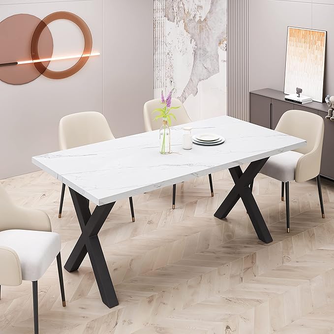 NicBex Dining Table Contemporary Kitchen Table Farmhouse Rustic 70.87" Square Dining Table with Printed White Marble Table Top+Black X-Shape Table Leg Rectangular Dining Table, White - LeafyLoom