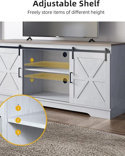 DWVO TV Cabinet for 65 Inch TV, Farmhouse TV Stand with Storage Cabinets and Sliding Barn Doors, Mid Century Modern Entertainment Center Media TV Console for Living Room, Grey White/Grey Wash - LeafyLoom