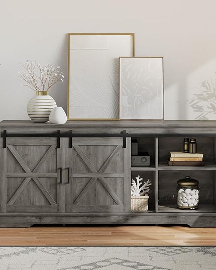 YITAHOME Farmhouse TV Stand for 65/60/55 Inch, Modern Entertainment Center with Sliding Barn Door, Wood TV Media Console Storage TV Cabinet for Living Room for 300lbs, Rustic Grey - LeafyLoom