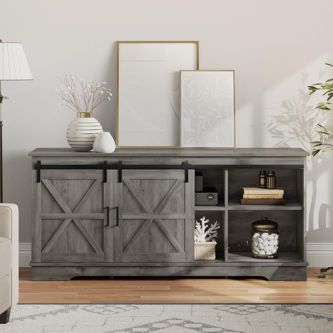 YITAHOME Farmhouse TV Stand for 65/60/55 Inch, Modern Entertainment Center with Sliding Barn Door, Wood TV Media Console Storage TV Cabinet for Living Room for 300lbs, Rustic Grey - LeafyLoom