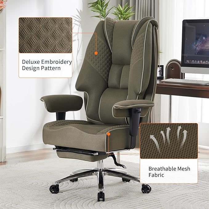 Big and Tall Office Chair 400lbs Wide Seat, Mesh High Back Executive Office Chair with Foot Rest, Ergonomic Office Chair Lumbar Support for Lower Back Pain Relief (Mesh Light Green) - LeafyLoom