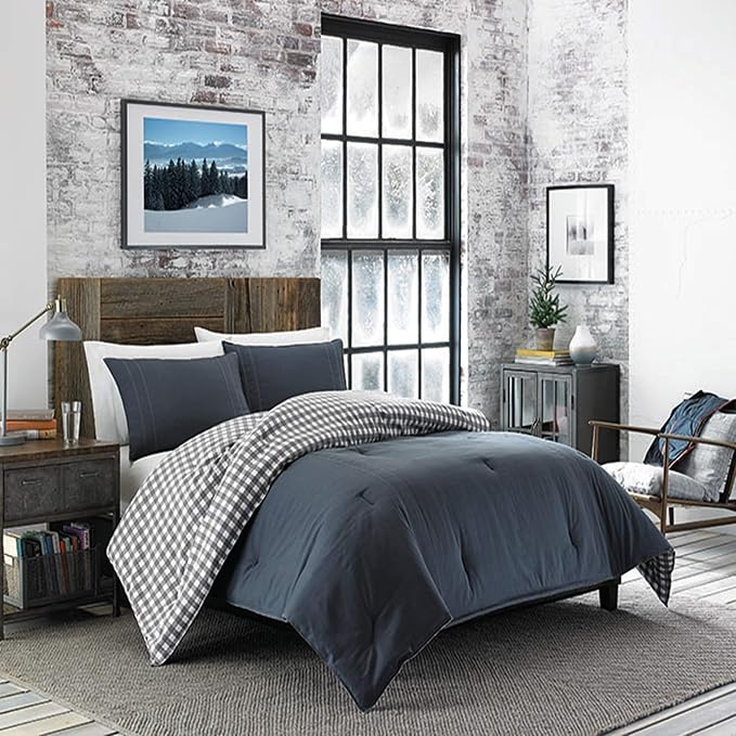 Eddie Bauer - King Comforter Set, Reversible Cotton Bedding with Matching Shams, Pre-Washed for Added Softness (Kingston Charcoal, King) - LeafyLoom