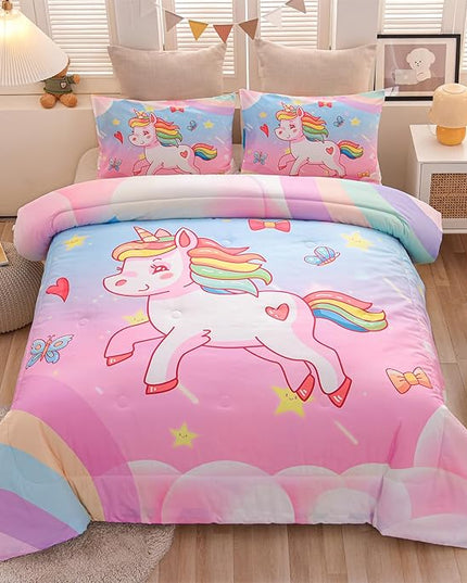 Aimuan Girls Unicorn Comforter Set 3 Pieces Pink Purple Bedding Set with Rainbow Star Galaxy Stars Fantasy Children Room Decor Soft Reversible Bed Sets for Boys/Girls/Teens (Pink Blue Twin3Pcs) - LeafyLoom
