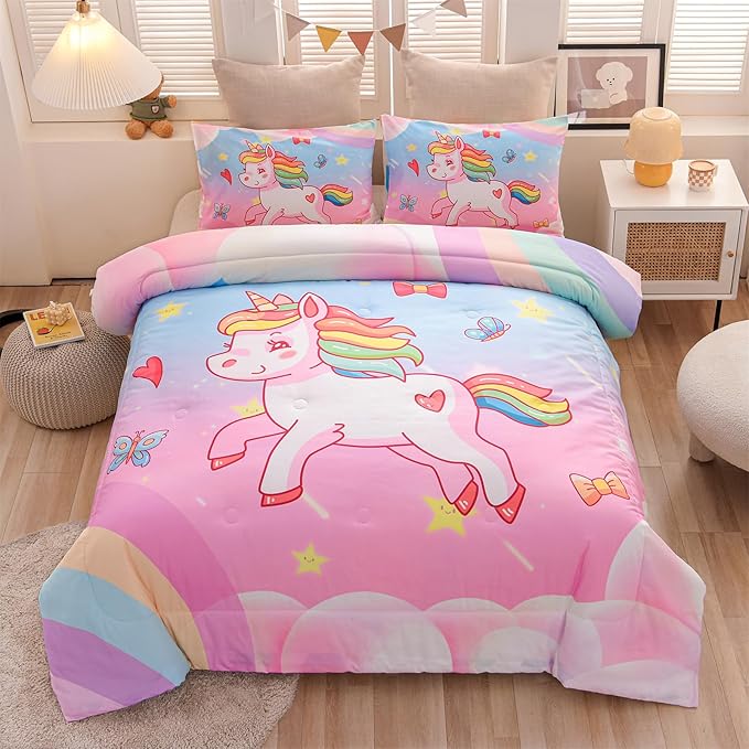 Aimuan Girls Unicorn Comforter Set 3 Pieces Pink Purple Bedding Set with Rainbow Star Galaxy Stars Fantasy Children Room Decor Soft Reversible Bed Sets for Boys/Girls/Teens (Pink Blue Twin3Pcs) - LeafyLoom