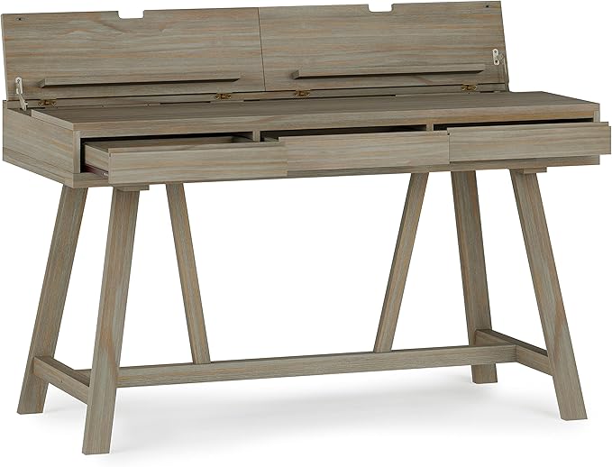 SIMPLIHOME Bowman SOLID WOOD Modern Industrial 54 Inch Wide Flip Up Desk in Distressed Grey, For the Office Desk, Writing Table, Workstation and Study Table - LeafyLoom