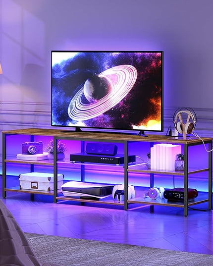 HOOBRO LED TV Stand for 75 Inch TVs with Charging Station, Gaming Entertainment Center with Open Storage, Media TV Console Table, TV Stand for Living Room, Bedroom, Rustic Brown and Black BF21UDDS01 - LeafyLoom