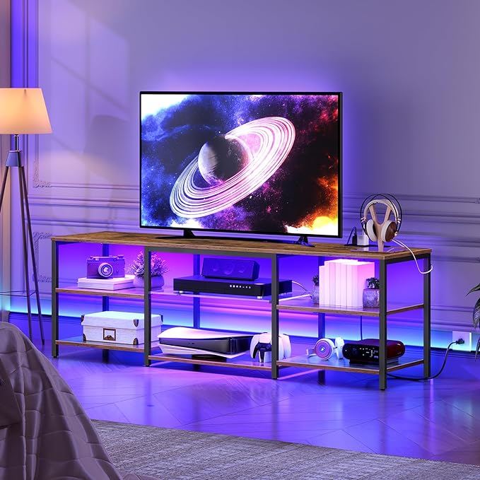 HOOBRO LED TV Stand for 75 Inch TVs with Charging Station, Gaming Entertainment Center with Open Storage, Media TV Console Table, TV Stand for Living Room, Bedroom, Rustic Brown and Black BF21UDDS01 - LeafyLoom