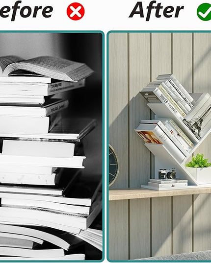 3 Tier Small Tree Bookshelf Storage Organizer Shelves Floor Standing Bookcase Desk Wood Storage Rack for Home Office Living Room Bedroom Display for Book Magazine CD manga Warm White - LeafyLoom