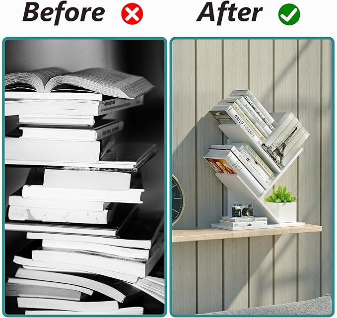 3 Tier Small Tree Bookshelf Storage Organizer Shelves Floor Standing Bookcase Desk Wood Storage Rack for Home Office Living Room Bedroom Display for Book Magazine CD manga Warm White - LeafyLoom
