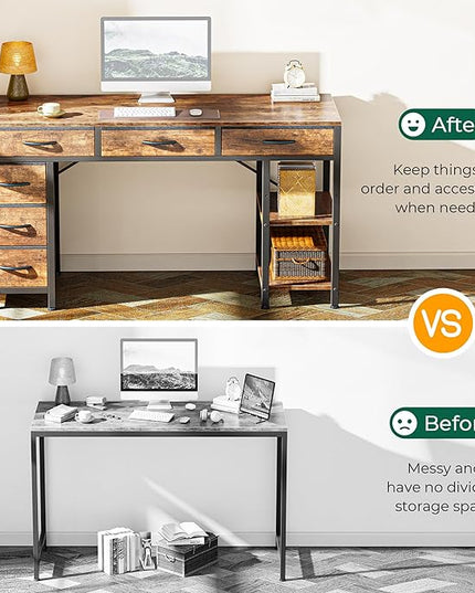 Computer Desk with 6 Drawers, 47 Inch Office Desk with Shelves, Reversible Gaming Desk, Corner Desk with Storage, Work Desk for Home Office, Study, Living Room, Rustic Brown - LeafyLoom