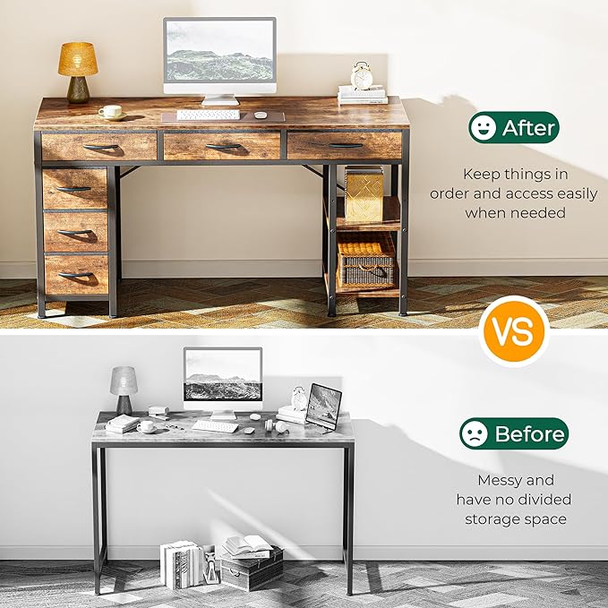 Computer Desk with 6 Drawers, 47 Inch Office Desk with Shelves, Reversible Gaming Desk, Corner Desk with Storage, Work Desk for Home Office, Study, Living Room, Rustic Brown - LeafyLoom