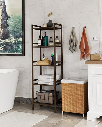Bamboo Book Shelf, Tall Narrow Bookcase, Bathroom shelving Unit 5 tier Floor Standing Adjustable Bookshelf for Small Spaces, Walnut - LeafyLoom