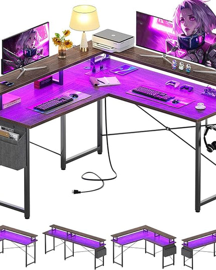armocity L Shaped Computer Desk with Power Outlets, Gaming Desk L Shaped with LED Lights, Corner Desk with Storage Shelves, Work Study Desk for Bedroom, Home Office Small Spaces, 47'', Black - LeafyLoom
