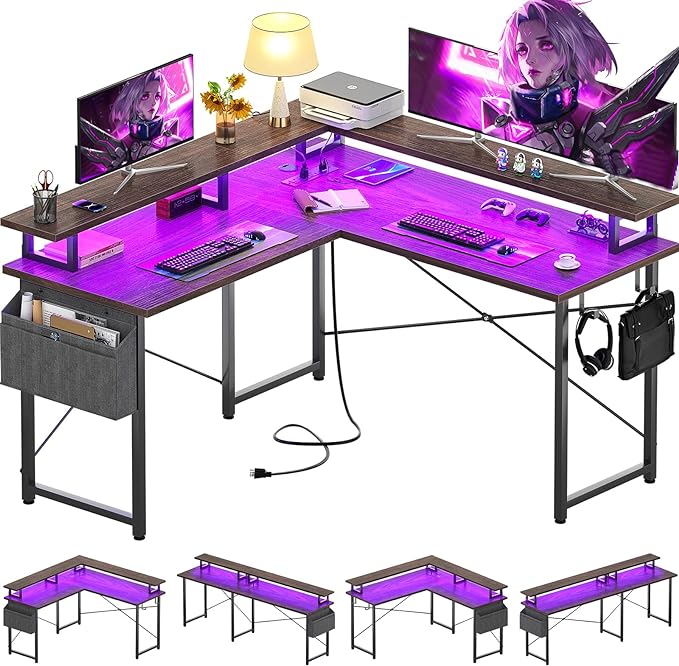 armocity L Shaped Computer Desk with Power Outlets, Gaming Desk L Shaped with LED Lights, Corner Desk with Storage Shelves, Work Study Desk for Bedroom, Home Office Small Spaces, 47'', Black - LeafyLoom