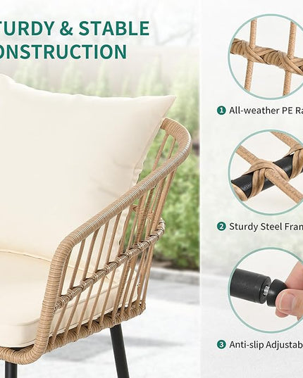 YITAHOME 3 Pieces Outdoor Wicker Patio Conversation Bistro Set, All-Weather Rattan Patio Furniture Set with Table & Cushions, Outdoor Sectional Sofa for Patio, Balcony, Backyard, Deck - LeafyLoom
