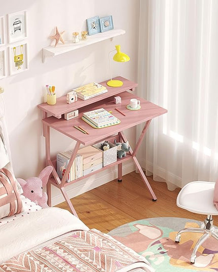 COTUBLR Small Desk, 27.5 Inch Small Computer Desk for Small Spaces, Computer Desk with Adjustable Monitor Stand, Compact Desk with Storage, Tiny Desk Study Desk for Bedroom Home Office, Pink - LeafyLoom