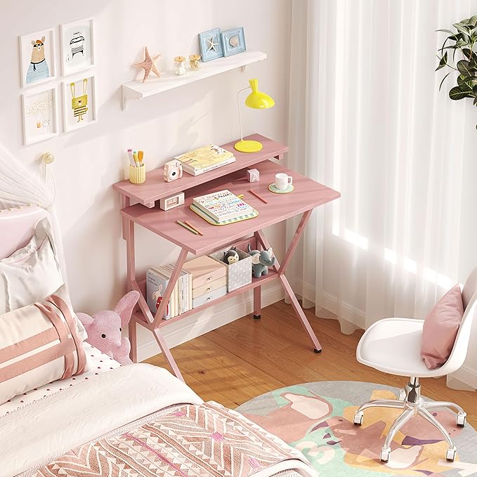COTUBLR Small Desk, 27.5 Inch Small Computer Desk for Small Spaces, Computer Desk with Adjustable Monitor Stand, Compact Desk with Storage, Tiny Desk Study Desk for Bedroom Home Office, Pink - LeafyLoom