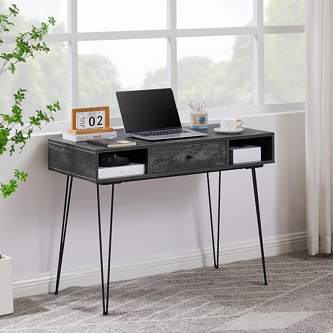 VECELO 39.3" Home Office Work Table with Drawers Computer Desk Writing/Study, 39 Inch Hairpin Legs, Charcoal Grey - LeafyLoom