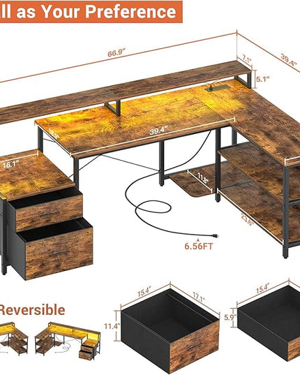 Aheaplus L Shaped Desk with File Drawer, 66" Reversible L Shaped Computer Desk with Power Outlet & LED Strip, Gaming Desk with Monitor Stand, Office Desk Corner Desk with Storage Shelf, Rustic Brown - LeafyLoom