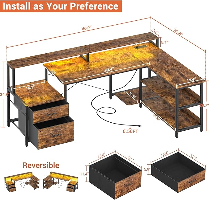 Aheaplus L Shaped Desk with File Drawer, 66" Reversible L Shaped Computer Desk with Power Outlet & LED Strip, Gaming Desk with Monitor Stand, Office Desk Corner Desk with Storage Shelf, Rustic Brown - LeafyLoom