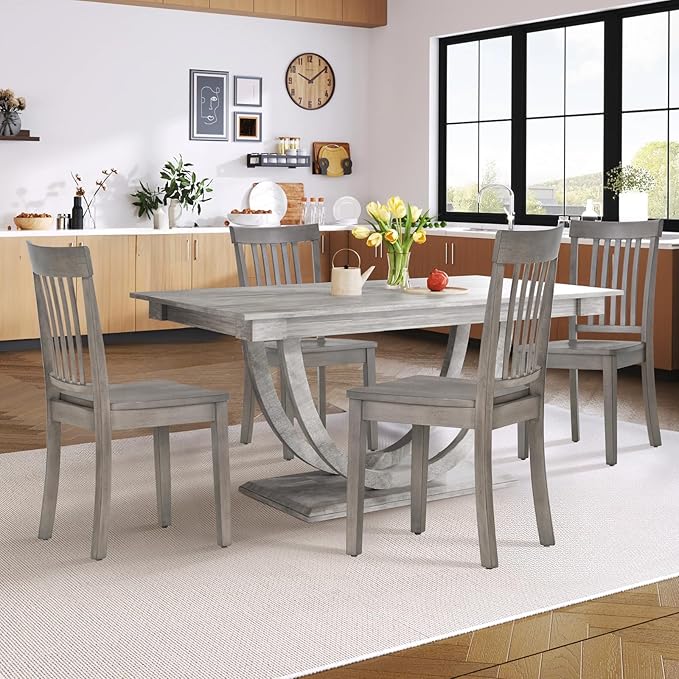 COLAMY Wooden Dining Chairs Set of 4, Spindle High Back Windsor Kitchen Side Chair, Farmhouse Dining Chairs for Kitchen and Dining Room, Light Grey - LeafyLoom