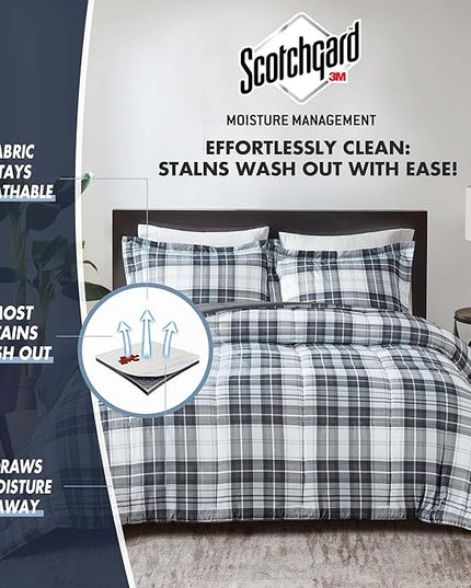 Madison Park Essentials Parkston Plaid Comforter, Matching Sham, 3M Scotchguard Stain Release Cover, Hypoallergenic All Season Bedding-Set, King/California King, Black, 3 Piece - LeafyLoom