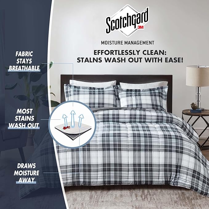 Madison Park Essentials Parkston Plaid Comforter, Matching Sham, 3M Scotchguard Stain Release Cover, Hypoallergenic All Season Bedding-Set, King/California King, Black, 3 Piece - LeafyLoom