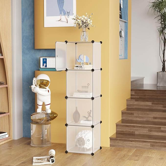 C&AHOME Cube Storage Organizer with Doors, 4-Cube Shelves, Closet Cabinet, DIY Plastic Modular Bookshelf Ideal for Bedroom, Living Room, 24.8" L x 12.4" W x 24.8" H White USHS04W-DOOR - LeafyLoom
